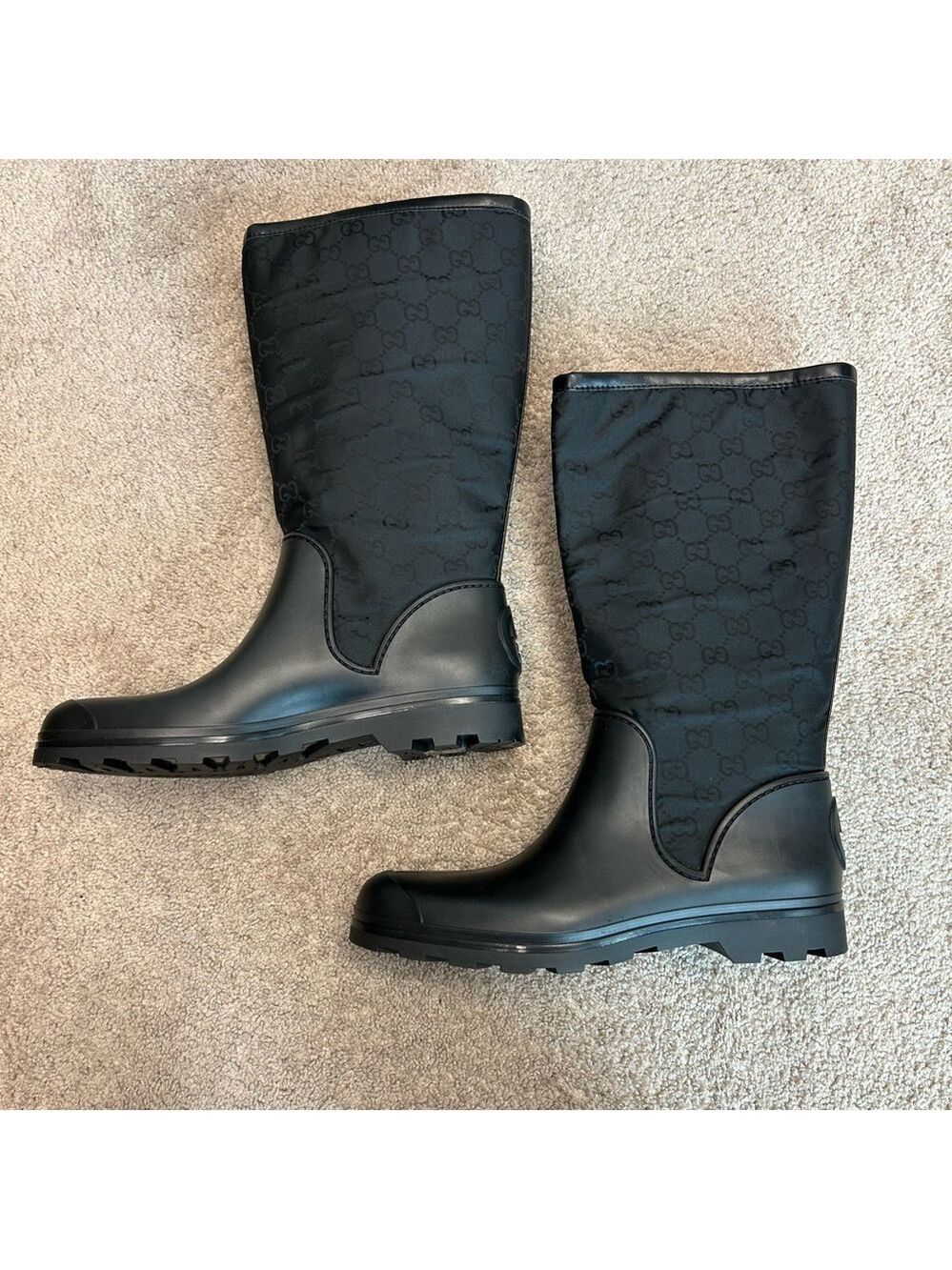 Gucci Black GG Monogram Signature Nylon Canvas Rubber Rain Boots 40